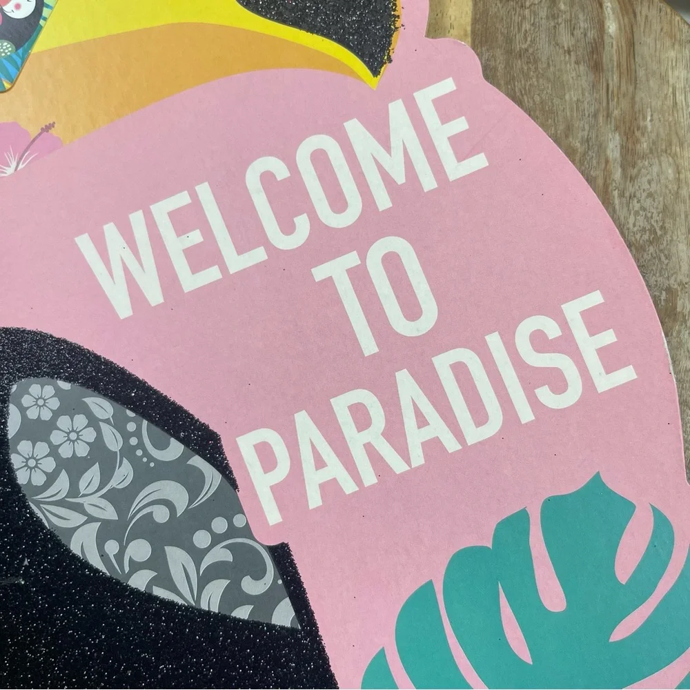 Retro l Luau Tiki Tropical Toucan Parrot Bird Floral Glitter Hanging Decor Sign